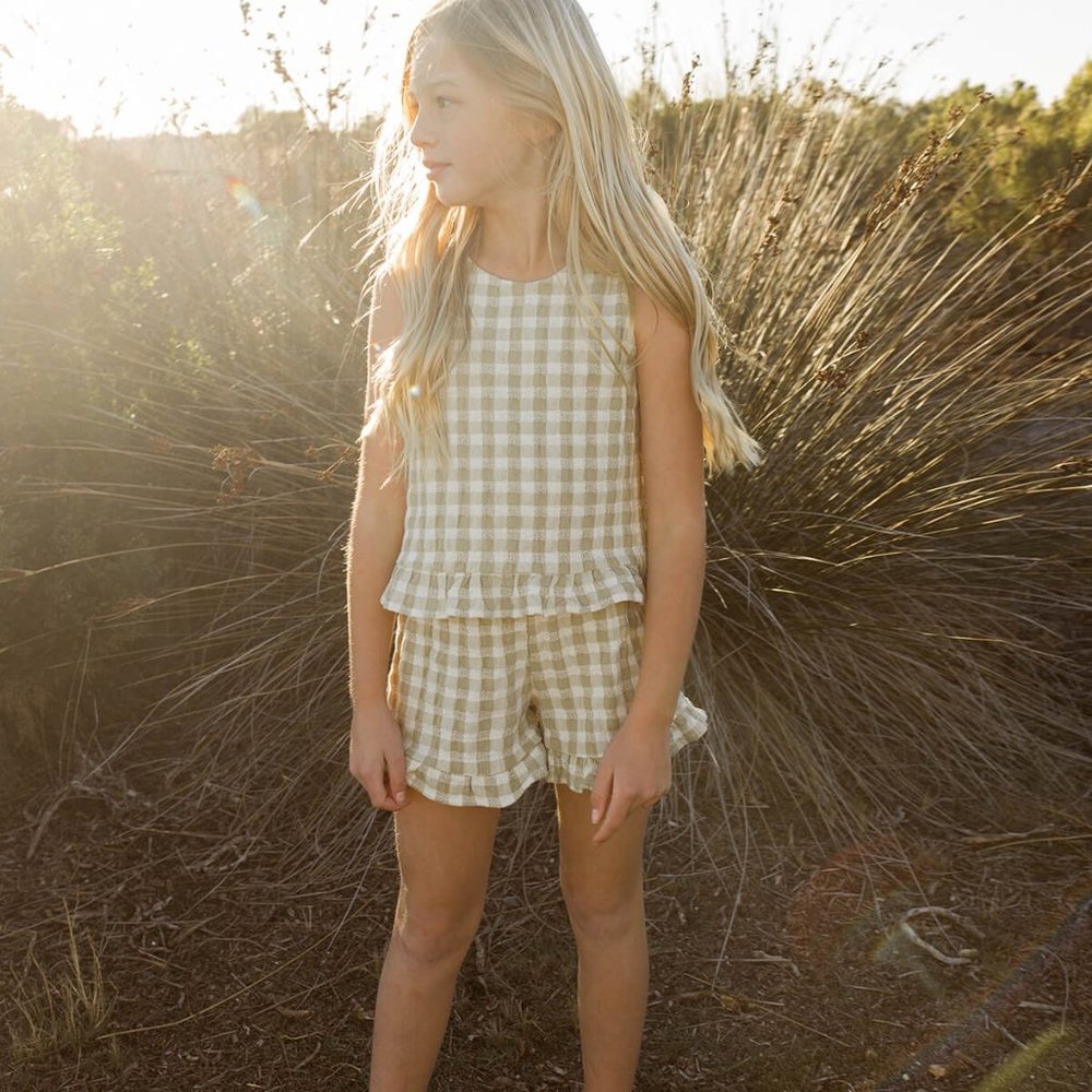 Rylee + Cru Cotton Gingham Ruffle Shorts